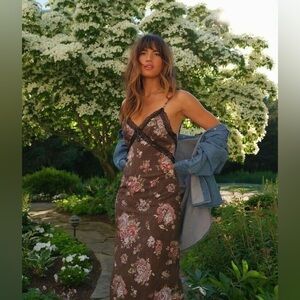 H&M x Brock Collection Maxi Dress floral lace brown cottagecore spaghetti strap